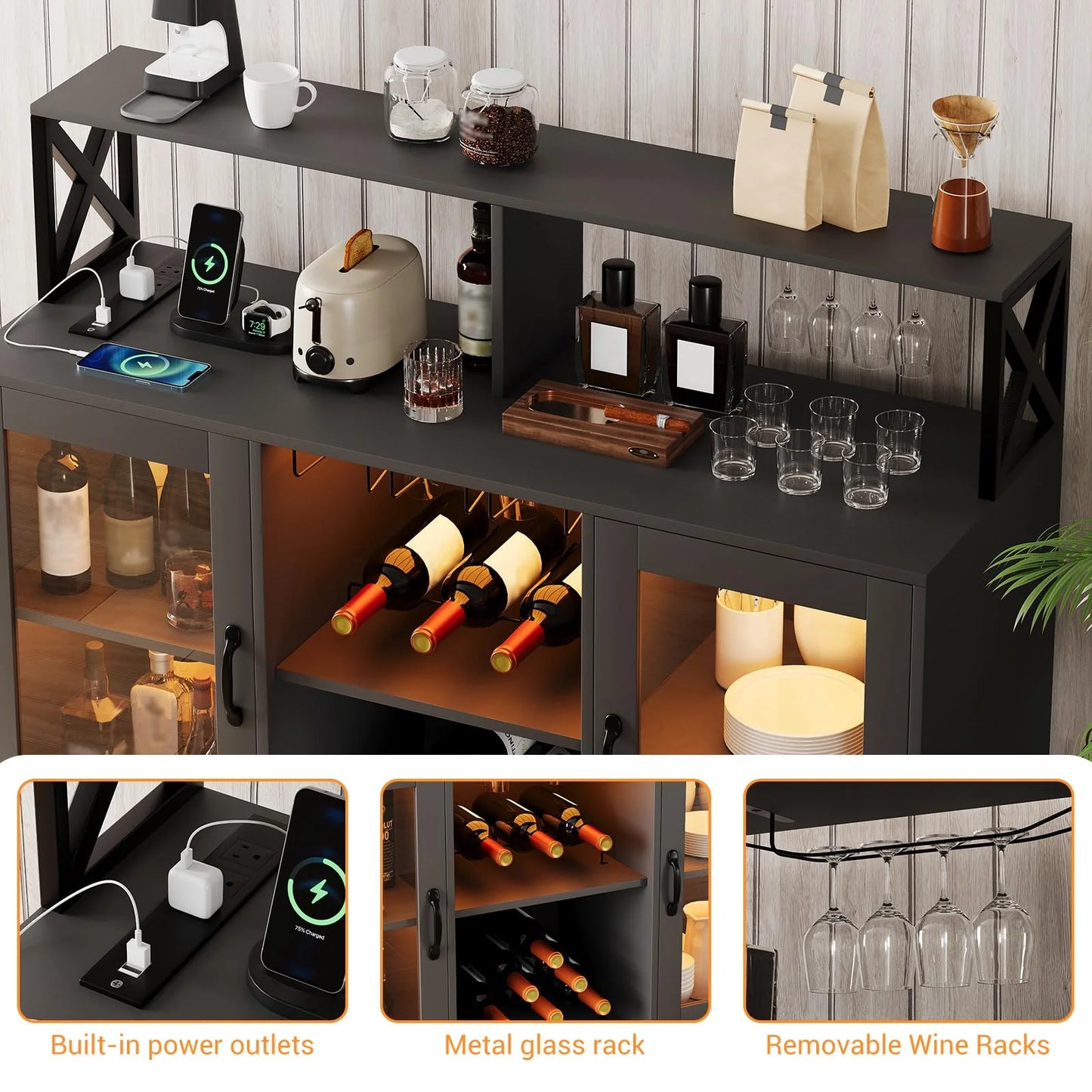 Kselythan Bar Cabinet for Home, Wine Cabinet with Power Outlets, Led Lights and and Glass Holder, Liquor Cabinet with Storage, Racks for Home, Kitchen