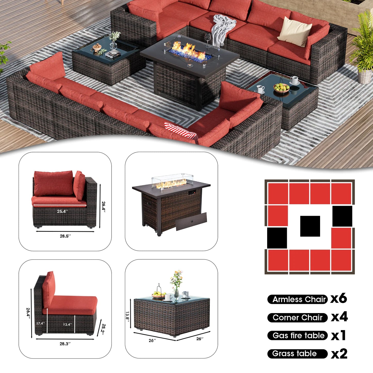 TANGJEAMER 13 Pieces All-Weather PE Rattan Sectional Sofa with Cushions,Glass Table and Fire Pit Table for Party and Family Gathering(Grey cushions)
