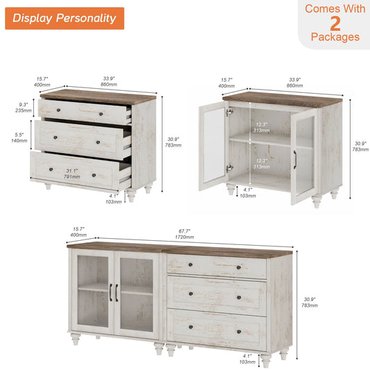 TV Stand for 75-Inch TVs, Wooden TV Cabinet Entertainment Center Television Stands for Living Room, 2-in-1 Sideboard Buffet Cabinet with Glass Door & Drawer for Kitchen, Rustic White
