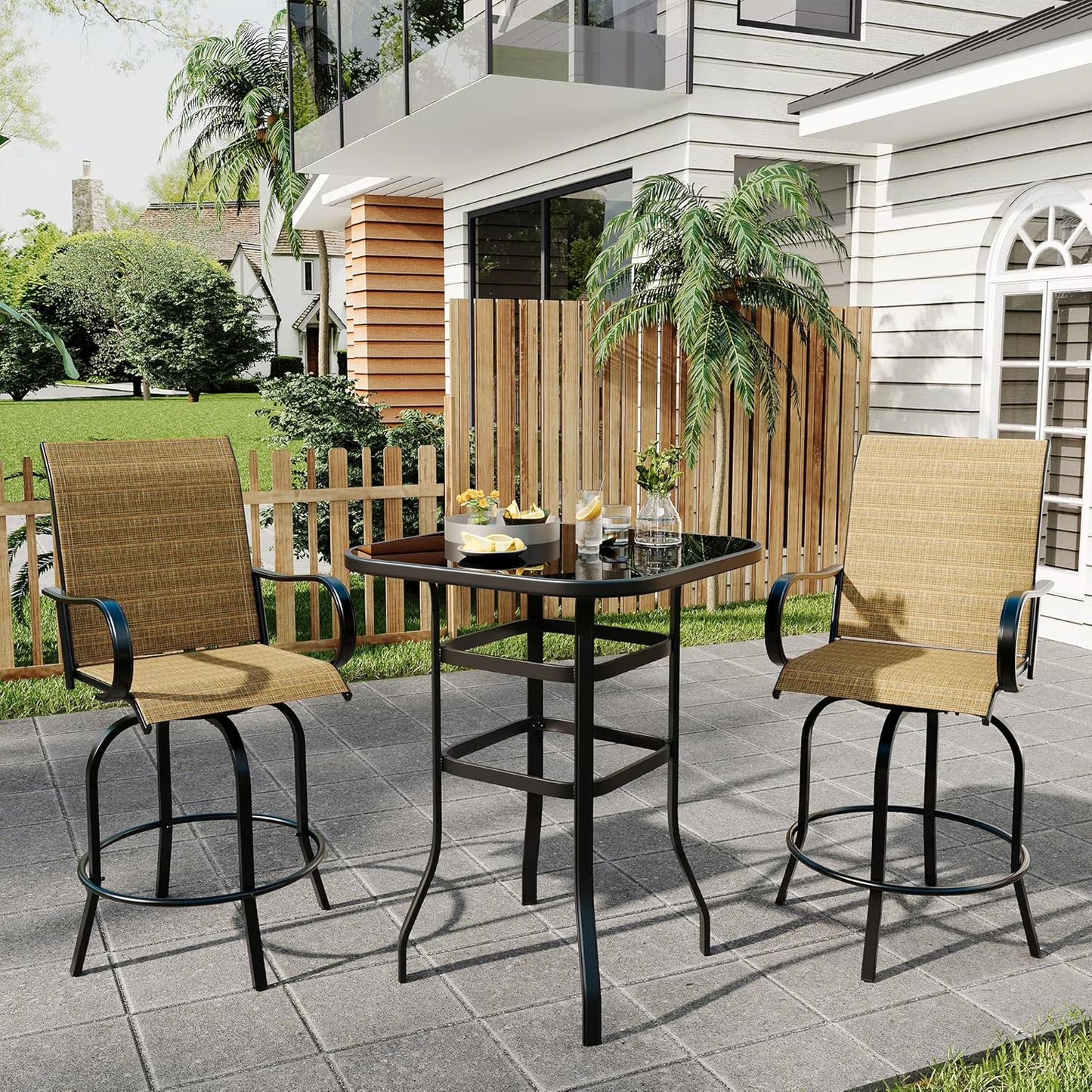 Garvee Outdoor Bar Table with Tempered Glass, Square High-Top Patio Bistro Table, Metal Frame Bar Height Table for Backyard, Poolside, Garden & Balcony