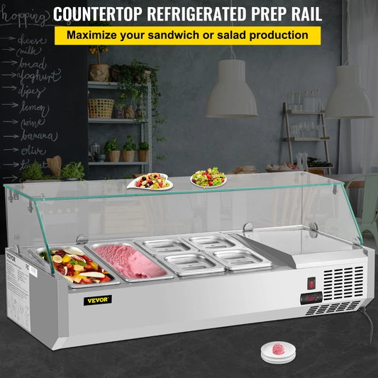 Refrigerated Condiment Prep Station, 48-inch, 10.8Qt Sandwich/Salad Prep Table w/3 1/3 Pans & 4 1/6 Pans, 146W Salad Bar w/304 Stainless Body Tempered Glass Shield Digital Panel Auto Defrost