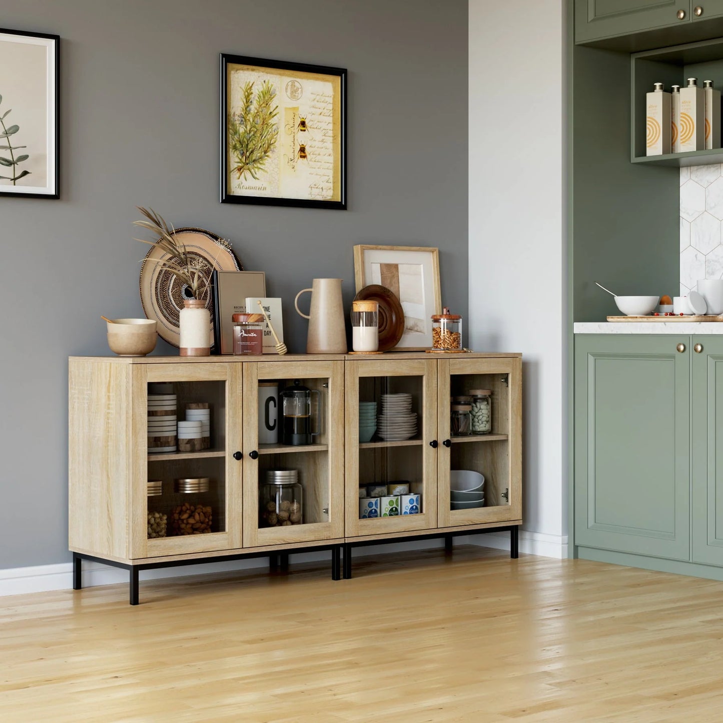 Homfa Wide Accent Cabinet with Glass Doors, Adjustable Shelves Display Cabinet with Metal Base, Oak