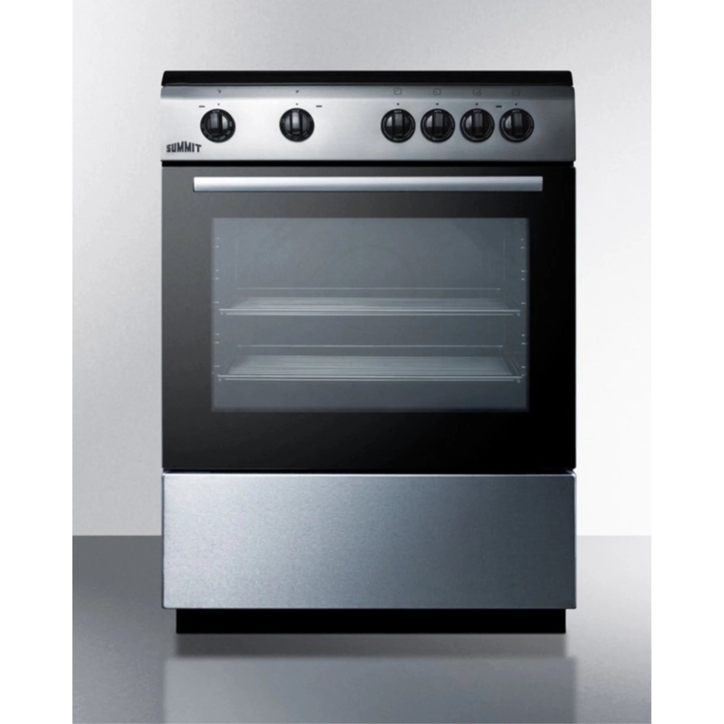24" wide smooth top electric range in slide-in style and white finish, with storage drawer and large oven window in black glass