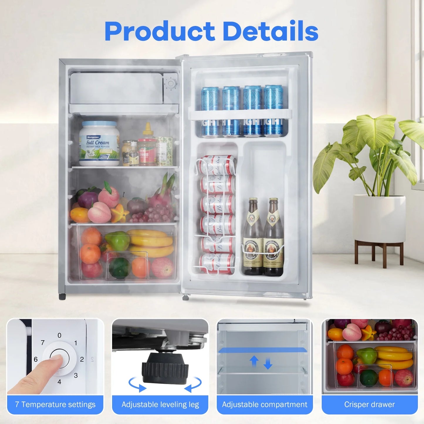 EastVita 3.2 Cu.Ft Mini Fridge with Freezer, Compact Refrigerator with 7 Level Adjustable Thermostat, Crisper Drawer & Glass Shelves, Small Fridge for Home