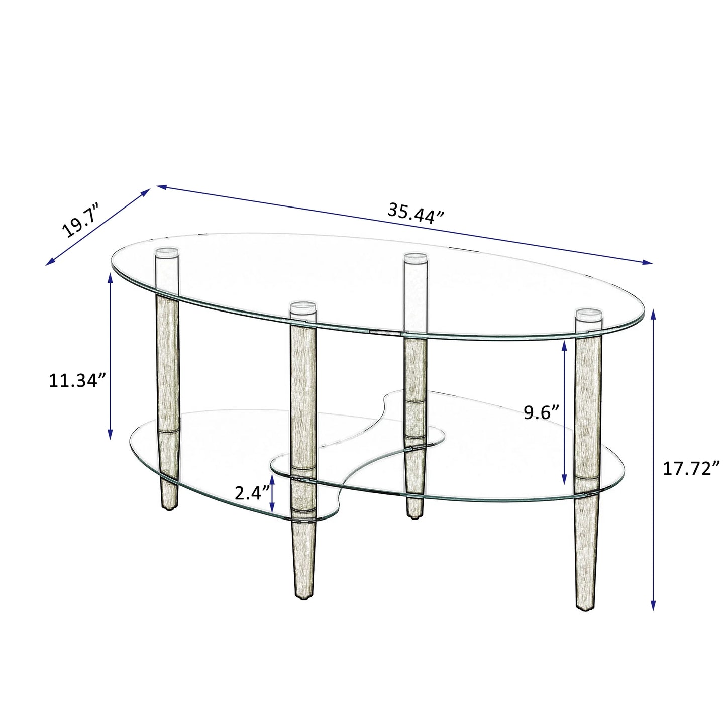 Glass Coffee Table, 3 Tier Clear Oval Glass Table with Oak Wood Legs, Smooth Edges Modern Oval Side Center Table