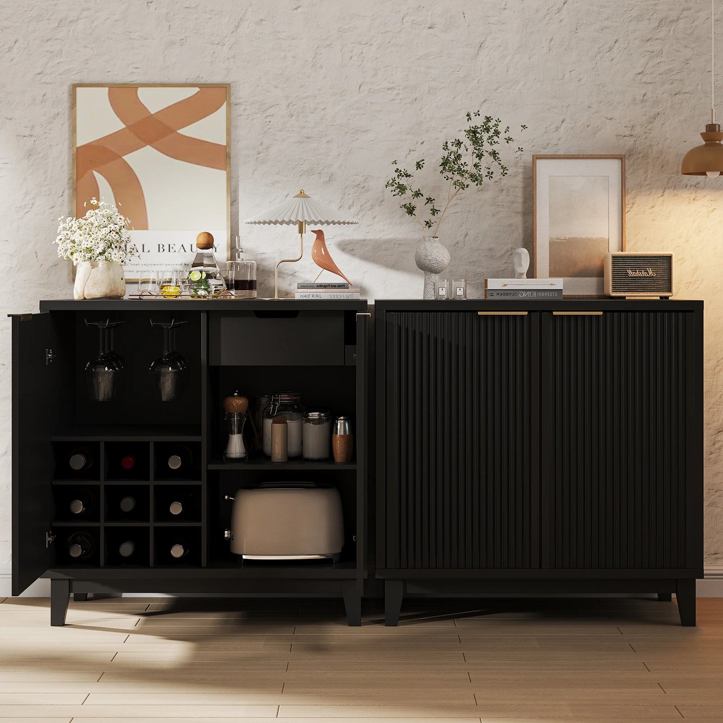 VEANERWOOD Wine Bar Cabinet with 2 Door Fluted Texture, Kitchen Sideboard Buffet with Wine Rack& Glass Holder for Living Room