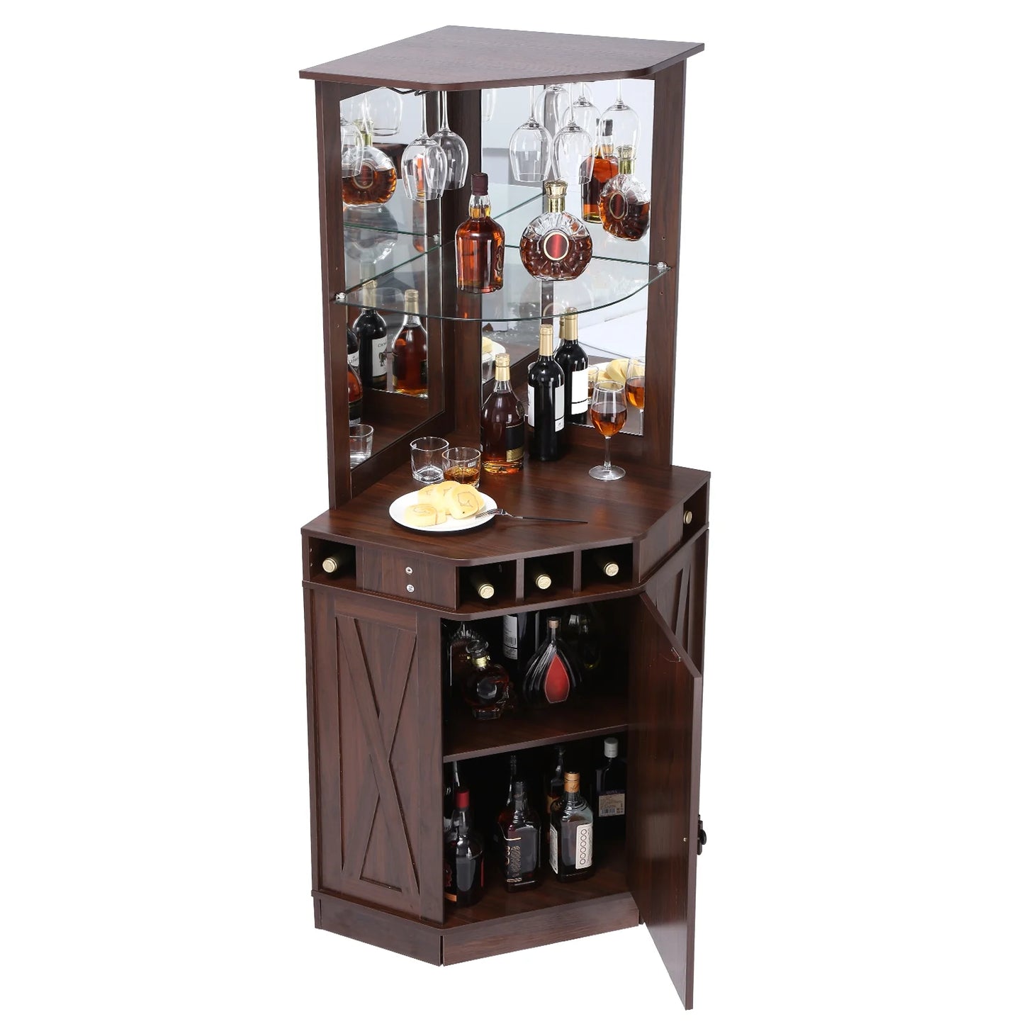 BENTISM Industrial Bar Cabinet with Glass Holder, MDF Board Brown