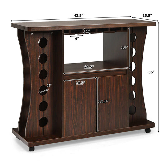 Gymax Rolling Buffet Sideboard Wooden Bar Storage Cabinet w/Wine Rack & Glass Holder