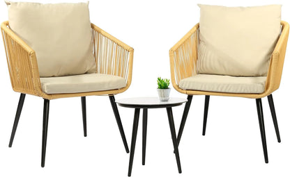 Esmlada 3 Piece Patio Bistro Set, Outdoor All-Weather Conversation Bistro Set w/2 Wide Ergonomic Chairs, Cushions& Glass Top Table for Porch, Backyard, Balcony, Garden (Yellow-Beige)