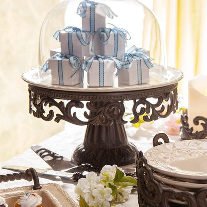 Gerson Glass Domed Cake Pedestal With Acanthus Leaf Ornate Brown Metal Base and Cream Ceramic Plate
