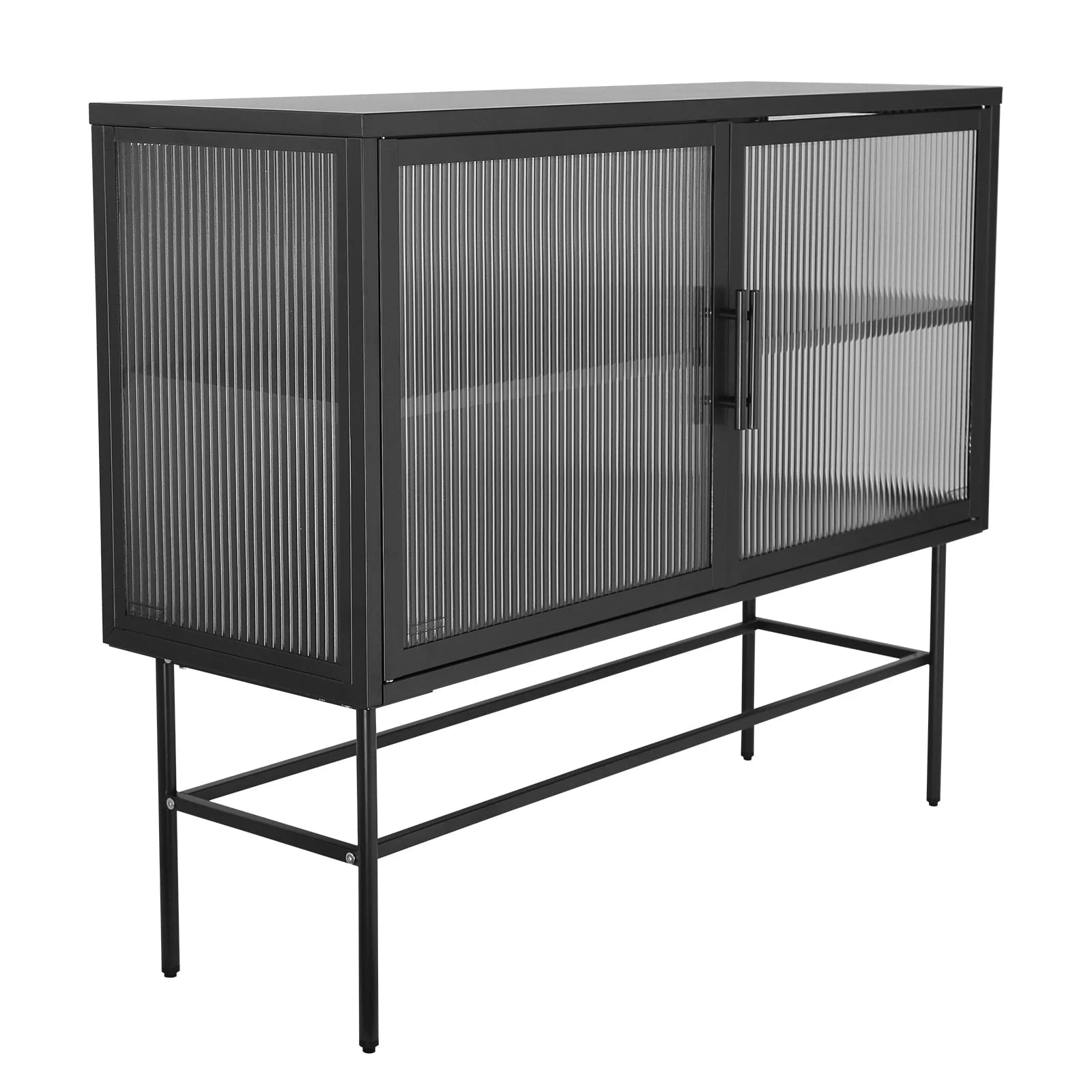 CoSoTower Double Tampered Glass Door Storage Cabinet with Adjustable Shelf and Feet Cold-Rolled Steel Tempered Glass Sideboard Furniture for Living Room Kitchen Black Color