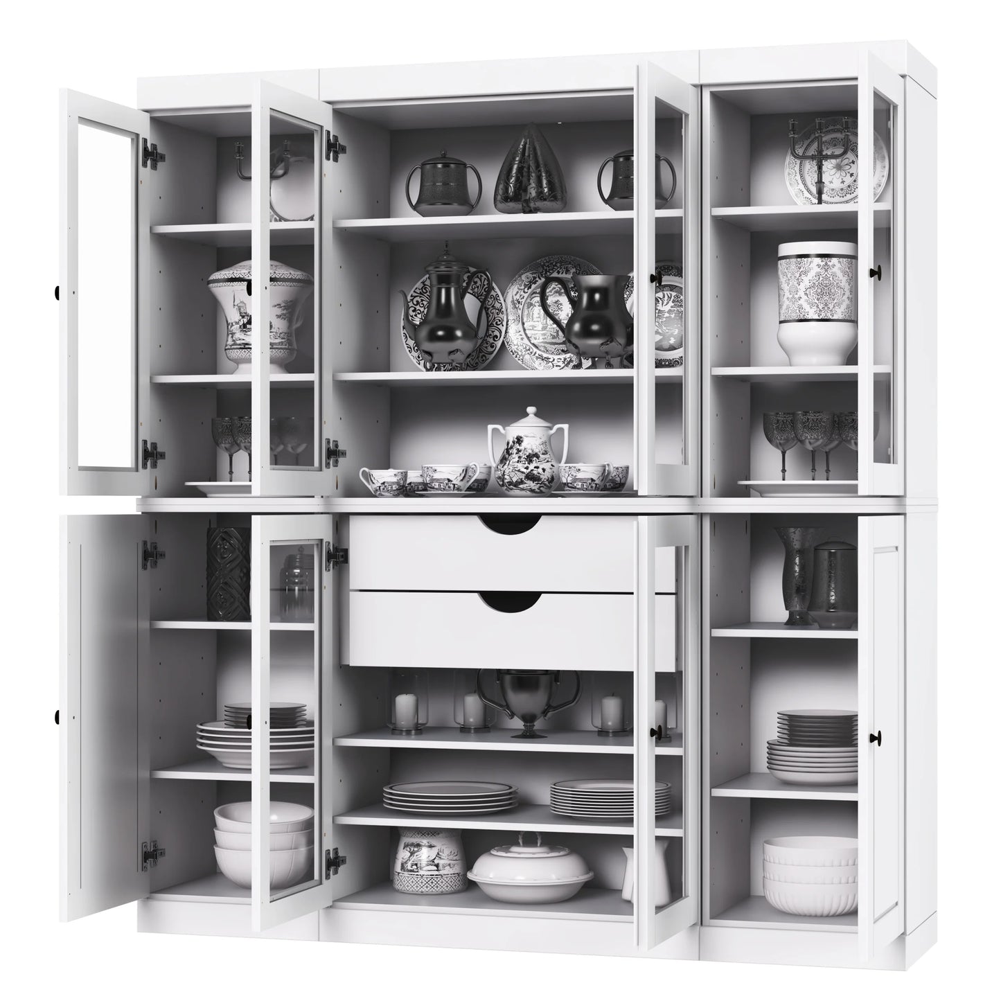 Palace Imports 100% Solid Wood Kitchen Pantry Storage Cabinet with Solid, Glass Doors, Adjustable Shelves and 2-Drawers, White