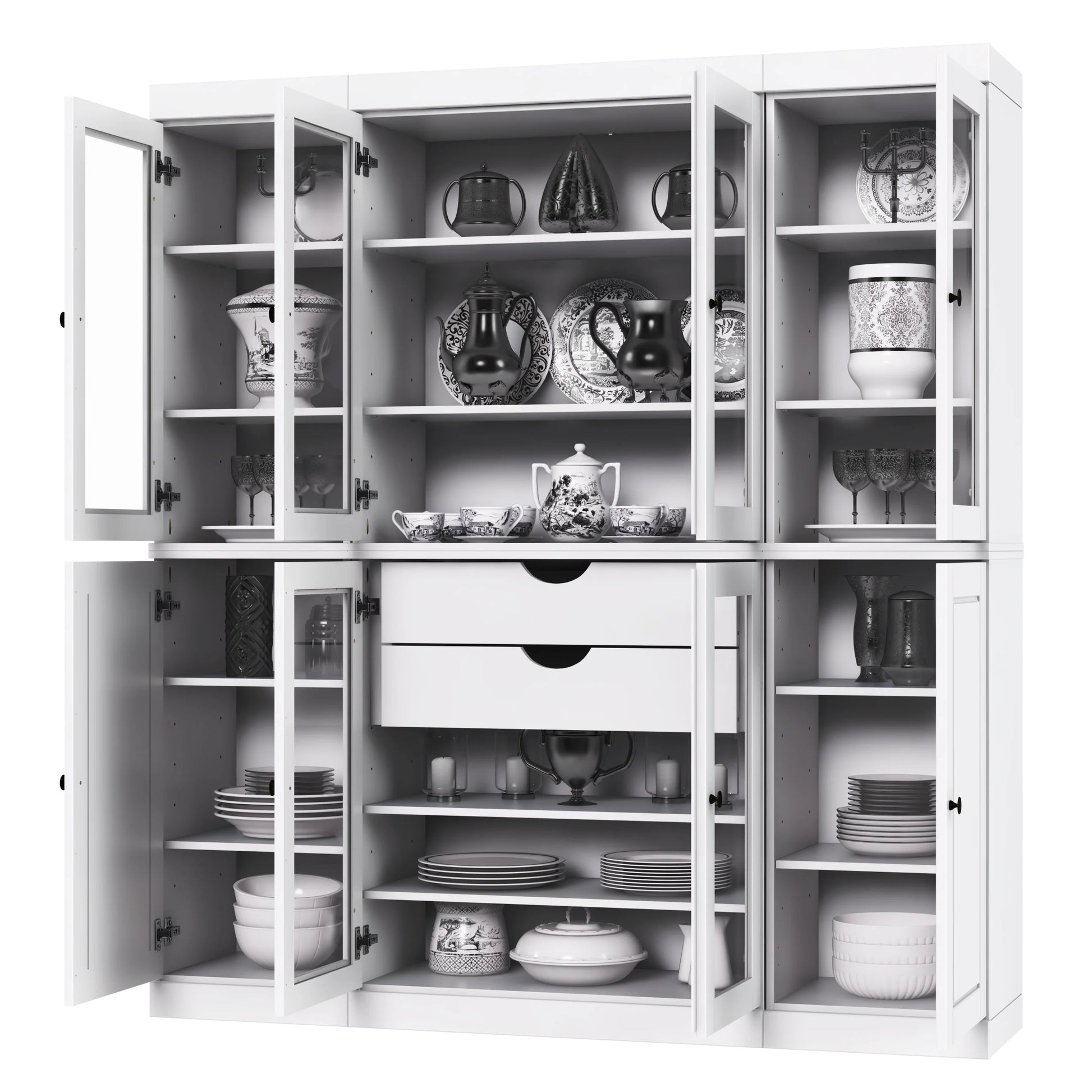 Palace Imports 100% Solid Wood Kitchen Pantry Storage Cabinet with Solid, Glass Doors, Adjustable Shelves and 2-Drawers, White