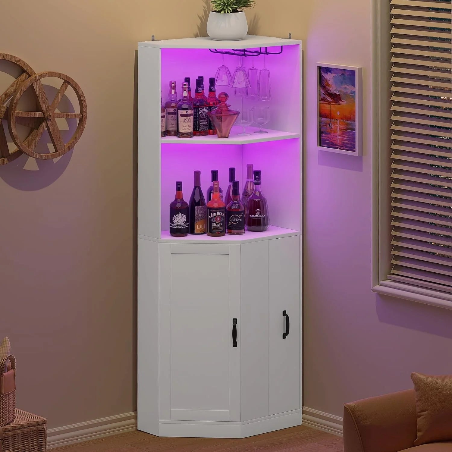 HAUXITIO Corner Bar Cabinet with Electrical Outlet, LED Lighting and Storage Drawer, 71" Home Coffee Bar Cabinet with Glass Rack