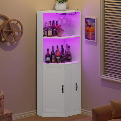 HAUXITIO Corner Bar Cabinet with Electrical Outlet, LED Lighting and Storage Drawer, 71" Home Coffee Bar Cabinet with Glass Rack