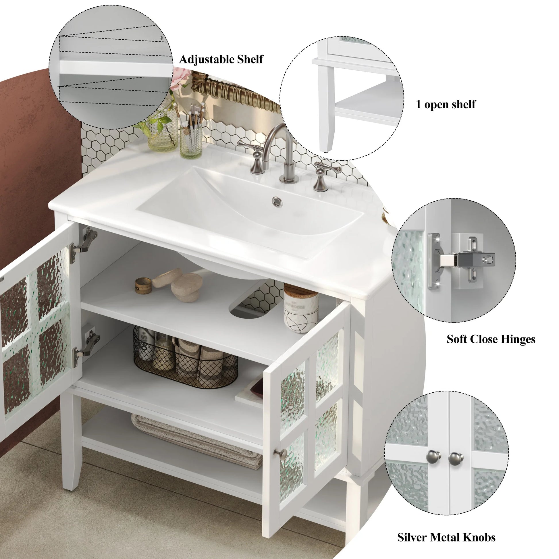 Christopher Knight Home 36" Bathroom Vanity with Sink, Textured Glass Doors, Open Shelf, White