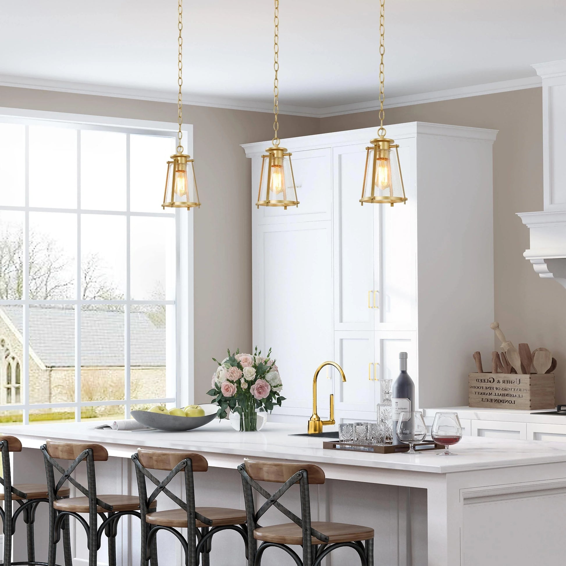 LNC Mid-Century Modern 1-Light Gold Lantern Glass Pendant Lights for Kitchen Island W 7.5"x H 11" Brushed