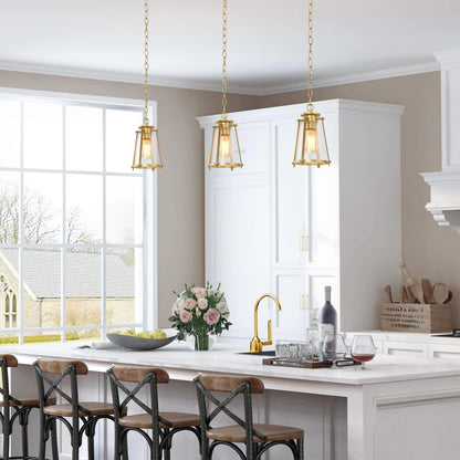 LNC Mid-Century Modern 1-Light Gold Lantern Glass Pendant Lights for Kitchen Island W 7.5"x H 11" Brushed