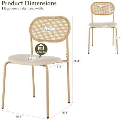 Boho 47 in Dining Table, Tempered Glass Tabletop with Rattan, Metal Legs, for Kitchen Dinner Living Room Reception