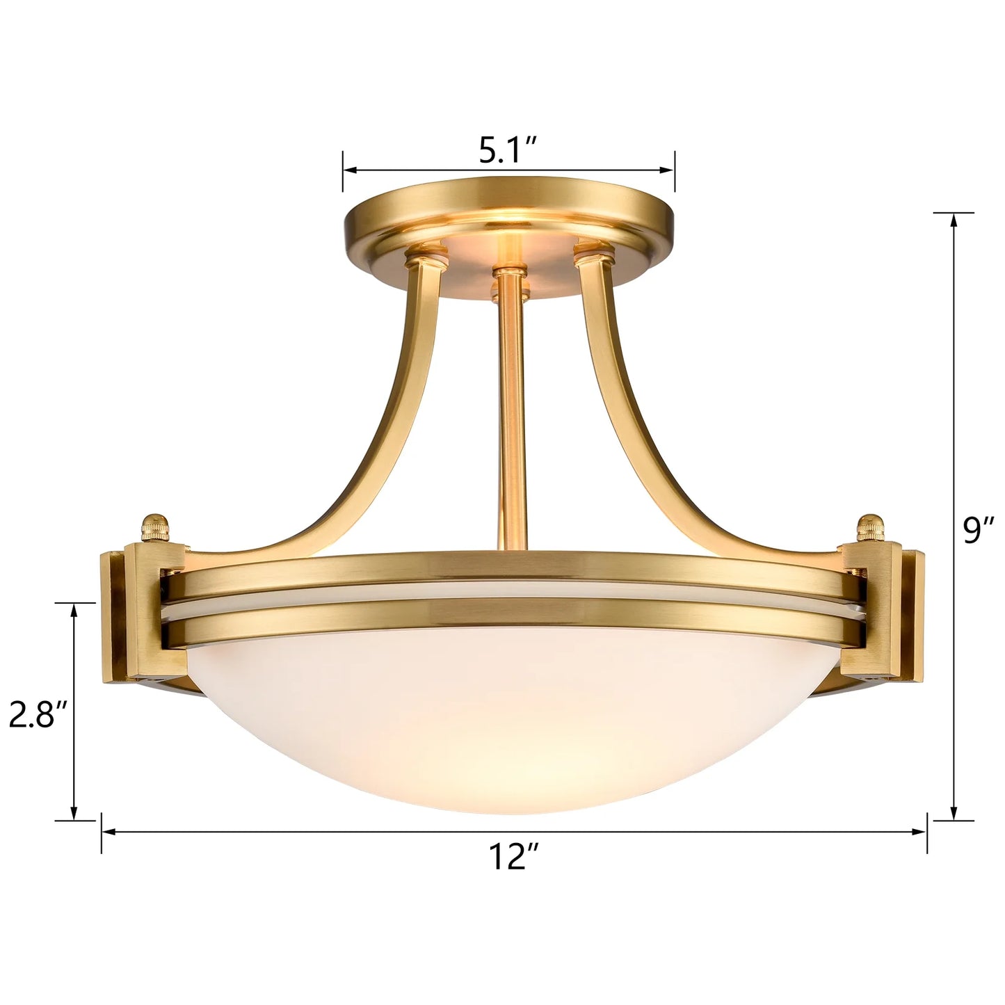 Modern Gold Semi Flush Mount 2-Light Milk Glass Ceiling Light Fixture