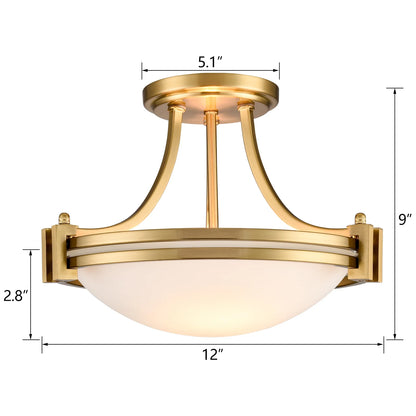 Modern Gold Semi Flush Mount 2-Light Milk Glass Ceiling Light Fixture