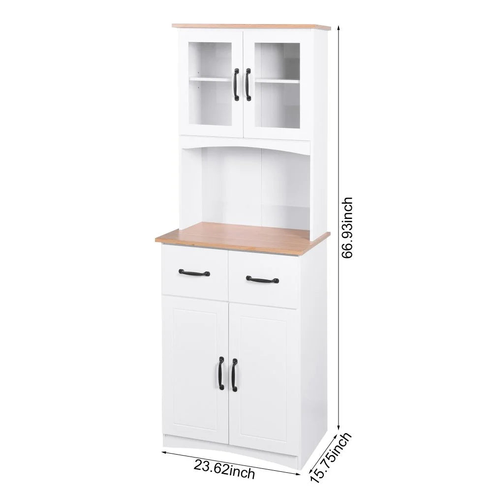 GZXS 67" Modern Buffet with Hutch, Kitchen Pantry Microwave Cabinet with Framed Glass Doors and 2 Drawers, White