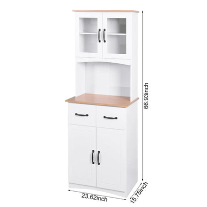 GZXS 67" Modern Buffet with Hutch, Kitchen Pantry Microwave Cabinet with Framed Glass Doors and 2 Drawers, White