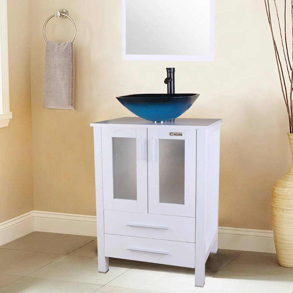 Eclife 24"W x 20"D x 32"H Classical Bathroom Vanity Vessel Sink Set with Faucet, Mirror White Vanity and Ocean Blue Square Glass Sink Pop up Drain Combo