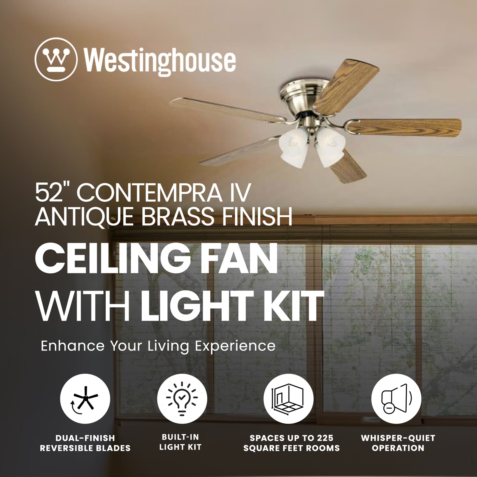 Westinghouse Contempra 4 52 in. Polished Brass Finish Reversible Blades (Walnut/Oak) Clear Ribbed Glass