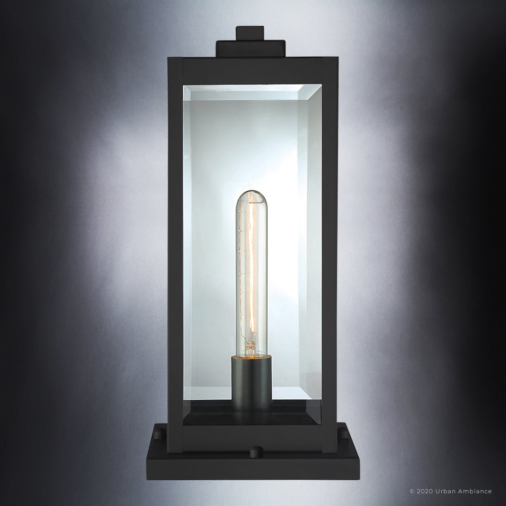 Luxury Modern Farmhouse Outdoor Post Light, 16.00''H x 7.50''W, with Industrial Style Elements, Minimalist Design, Natural Black Finish and Clear Beveled Glass, UQL1336