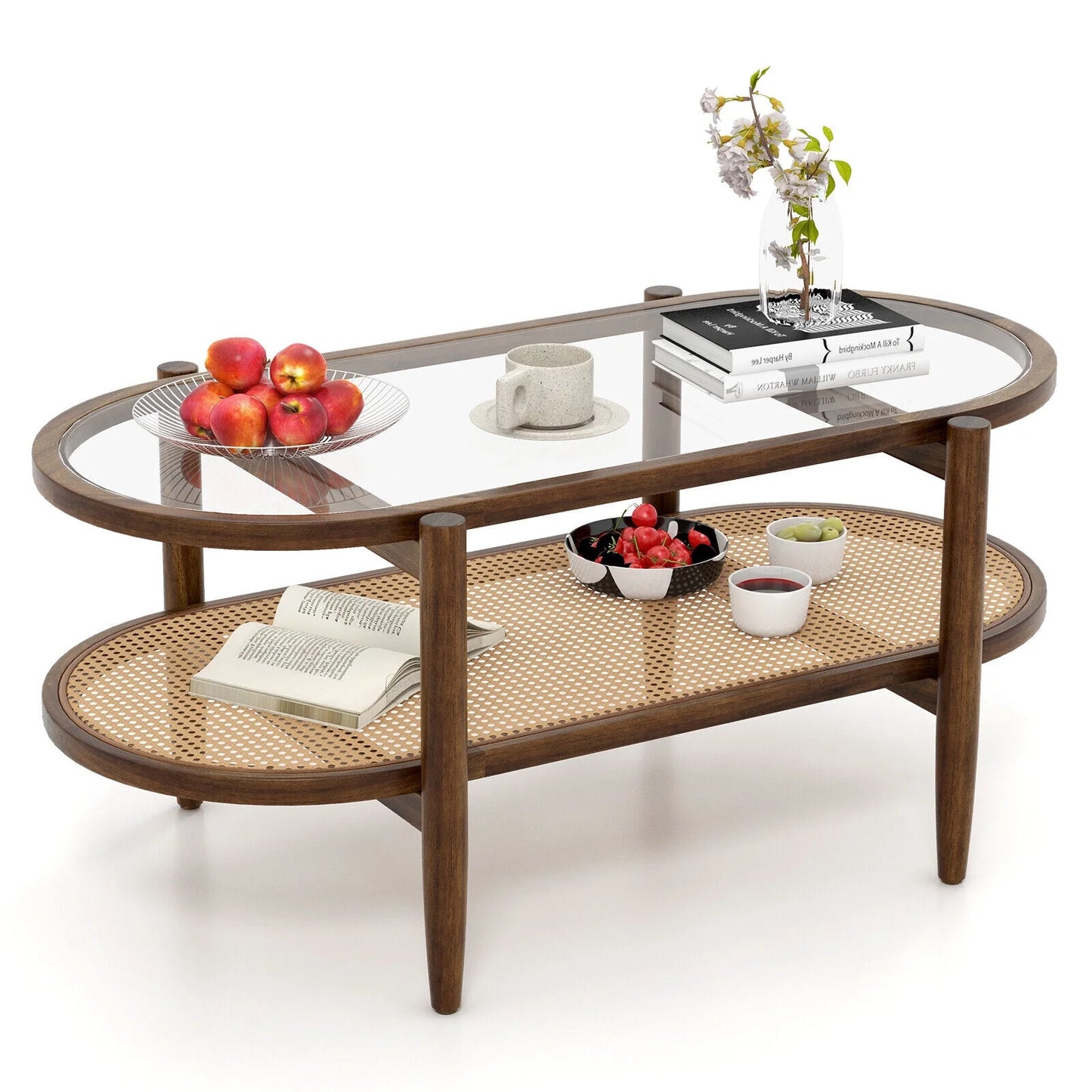 Amijoy 2-layer coffee table, tempered glass top grade coffee table, with PE rattan storage rack and acacia wood frame, center table in living room, reception room, and office, brown