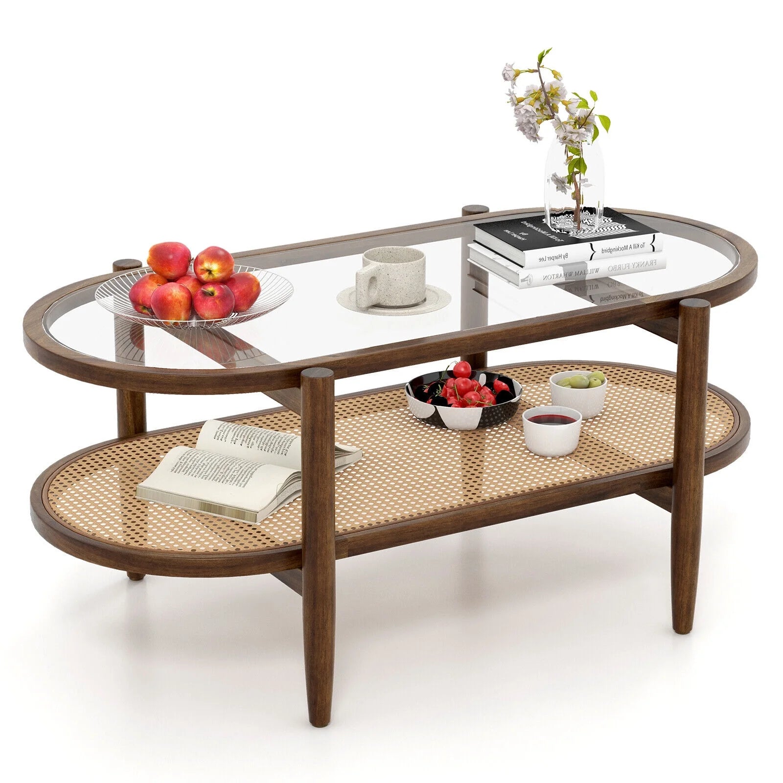 Amijoy 2-layer coffee table, tempered glass top grade coffee table, with PE rattan storage rack and acacia wood frame, center table in living room, reception room, and office, brown