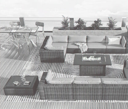TANGJEAMER 13 Pieces All-Weather PE Rattan Sectional Sofa with Cushions,Glass Table and Fire Pit Table for Party and Family Gathering(Grey cushions)