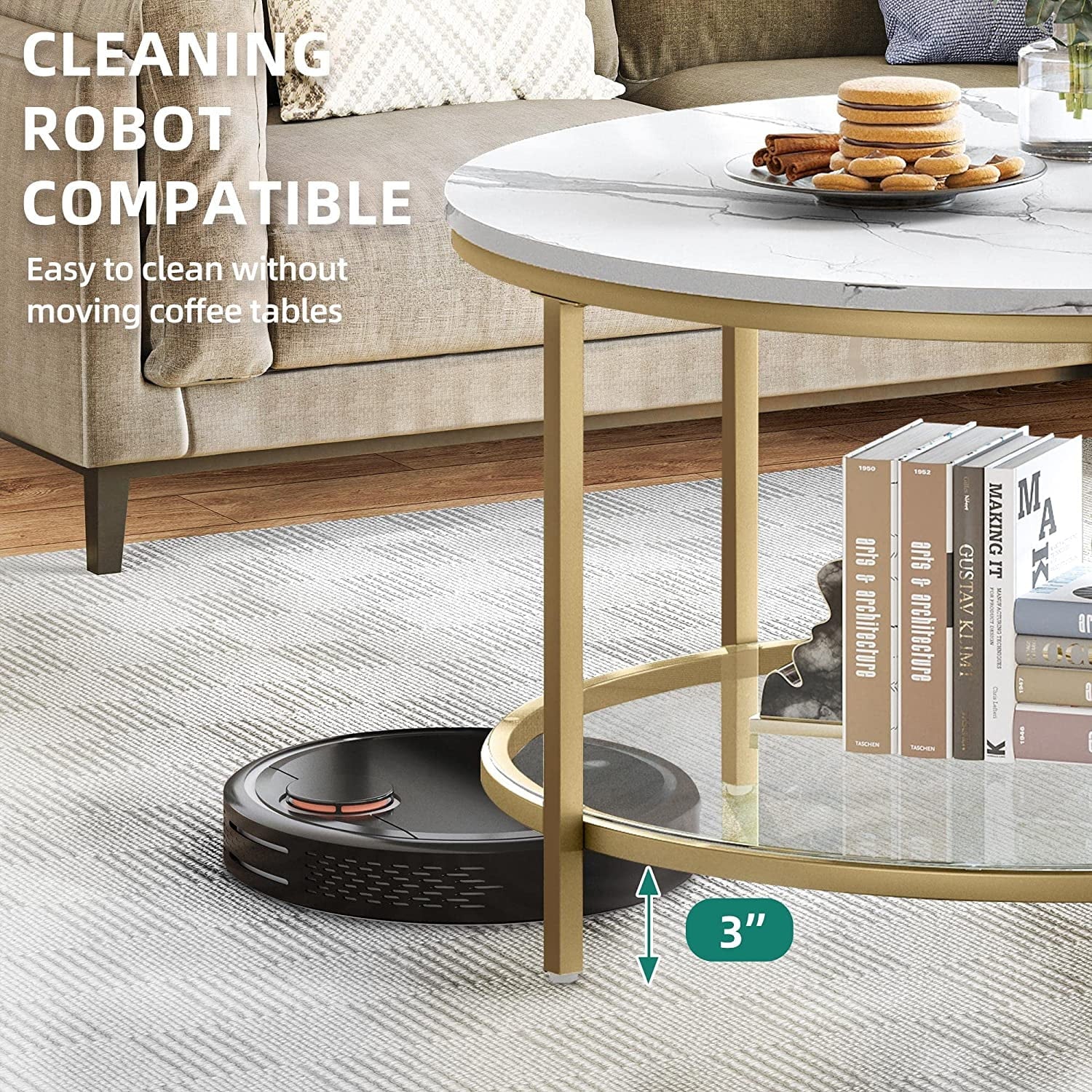 DEXTRUS 2-Tier Round Coffee Table Marble Center Cocktail Table with Glass Open Storage Shelf, White & Gold