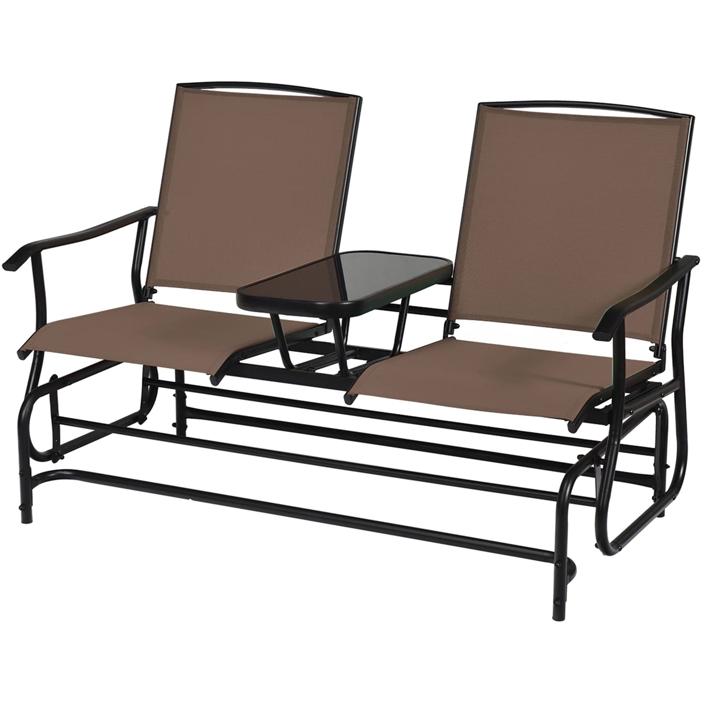Gymax Patio 2-Person Glider Rocking Char Loveseat Garden w/Tempered Glass Table Brown