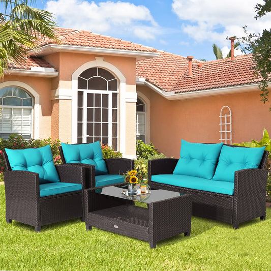 Costway 8 PCS Patio Rattan Furniture Set Glass Table Shelf Sofa Cushion Turquoise