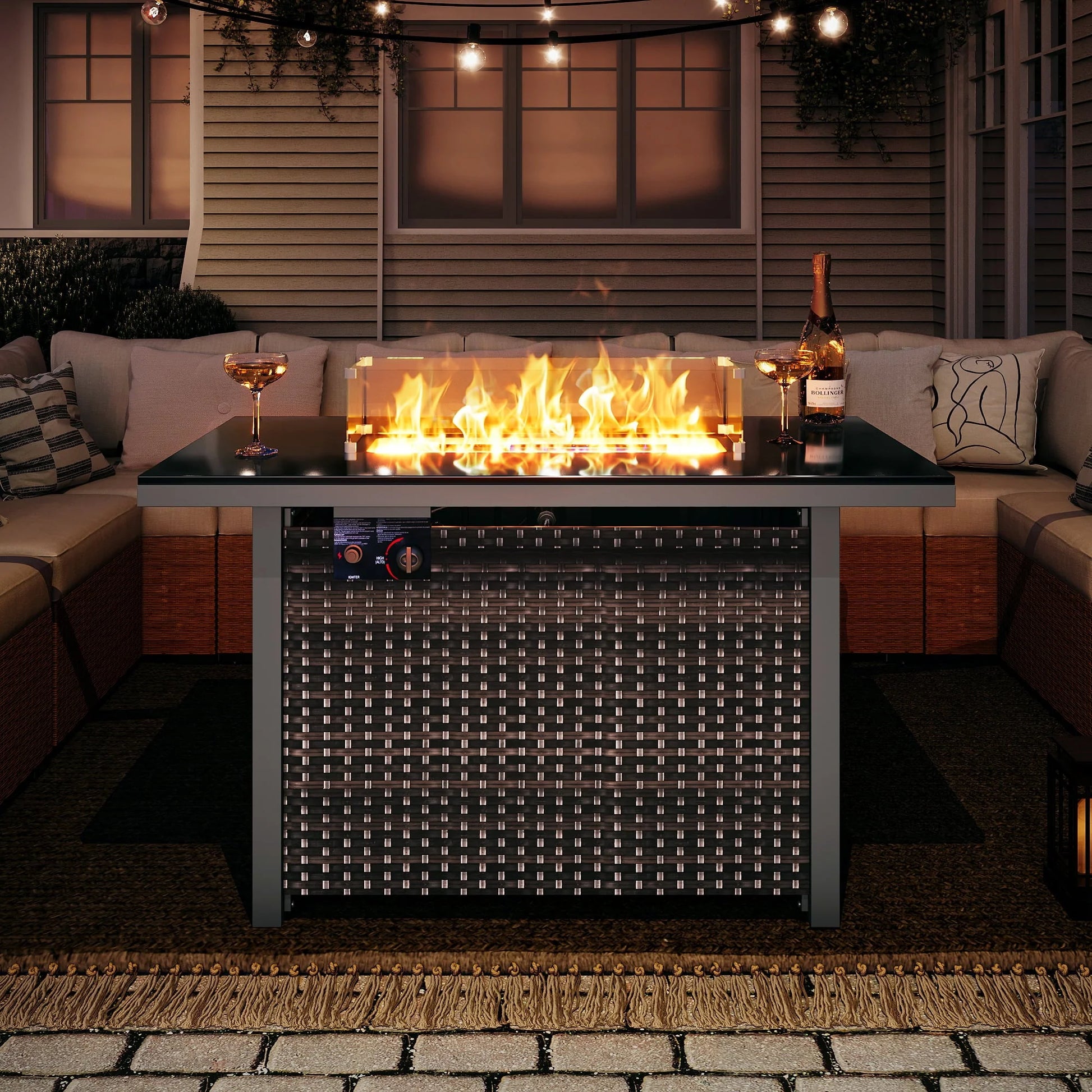 LAUSAINT HOME 43" Outdoor Fire Pit Table, 50,000 BTU Auto-Ignition Gas Fire Pit with Glass Wind Guard Propane(Rattan)