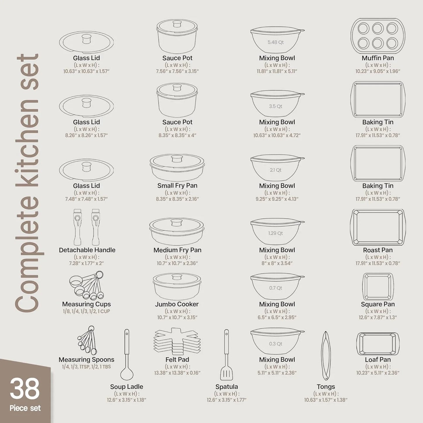 Bakken Master 38 Piece Granite Cookware and Bakeware Set - Nonstick Granite Coating, Pots and Pans with Detachable Handles and Tempered Glass Lids, 6-piece Bakeware set, 12-piece Mixing Bowls,Brown