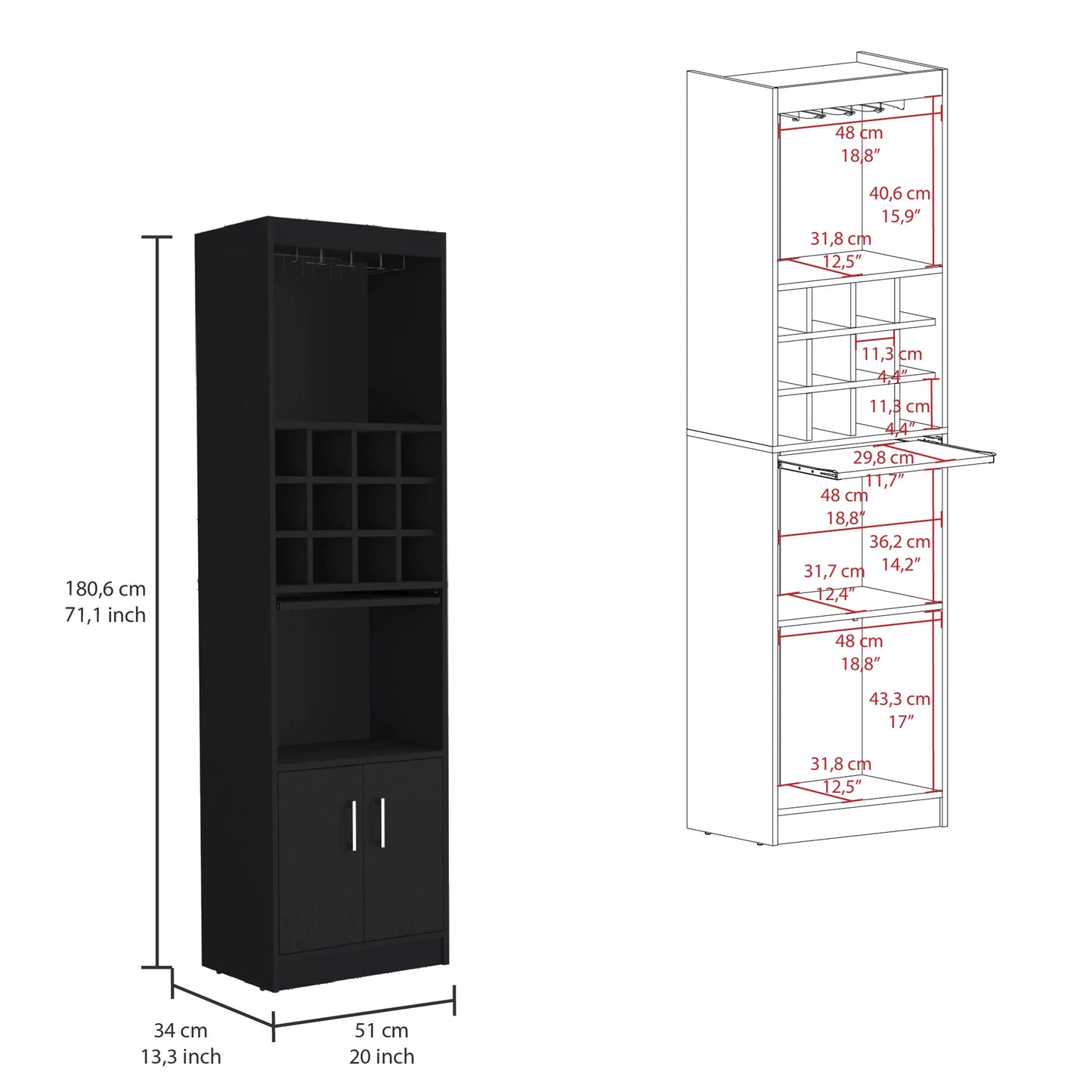 Royard Oaktree 71.1" Tall Bar Cabinet with 12-bottle Cubbies and Glass Holder, Freestanding Liquor Cabinet with Doors, Stemware Rack, Shelves, and Pull Out Tray for Living Room, Kitchen, White