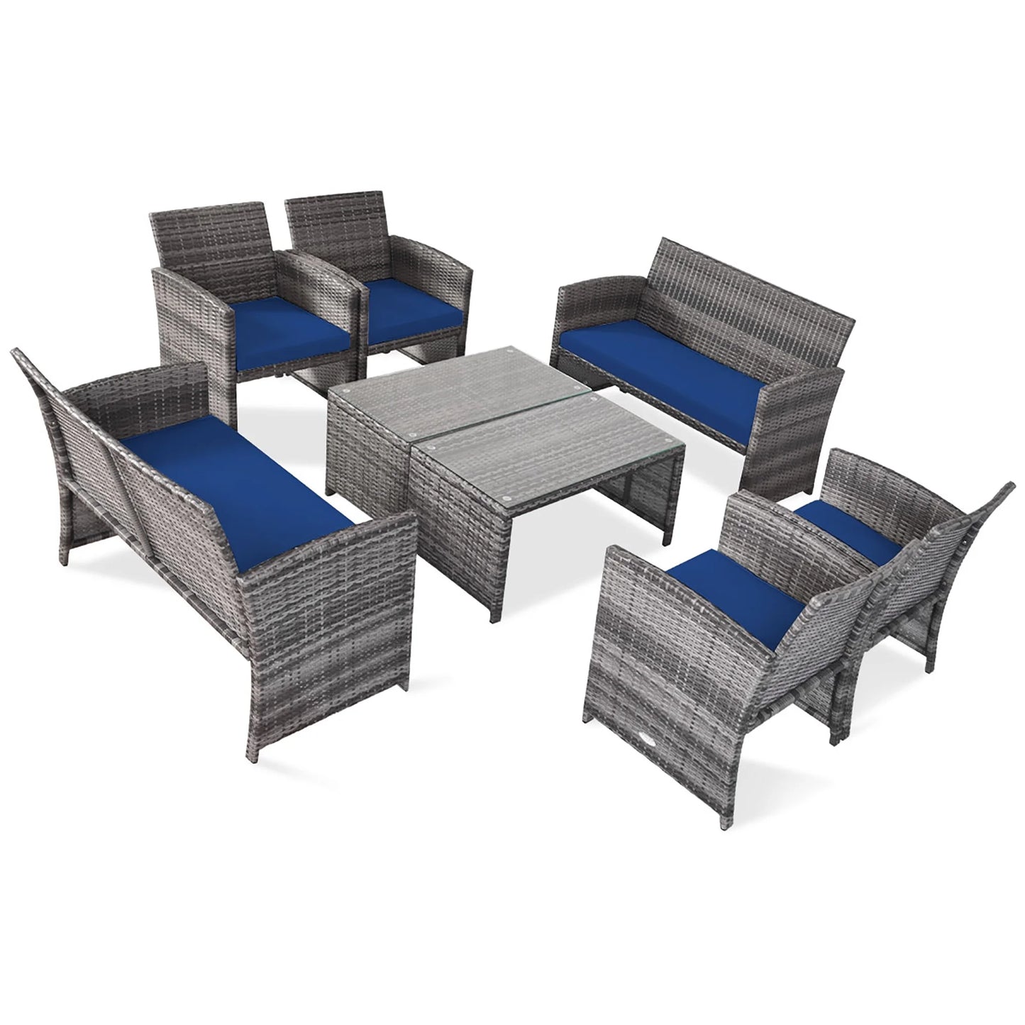 Costway 8PCS Patio Rattan Furniture Set Conversation Glass Table Top Sofa Cushioned Navy