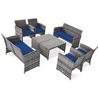 Costway 8PCS Patio Rattan Furniture Set Conversation Glass Table Top Sofa Cushioned Navy