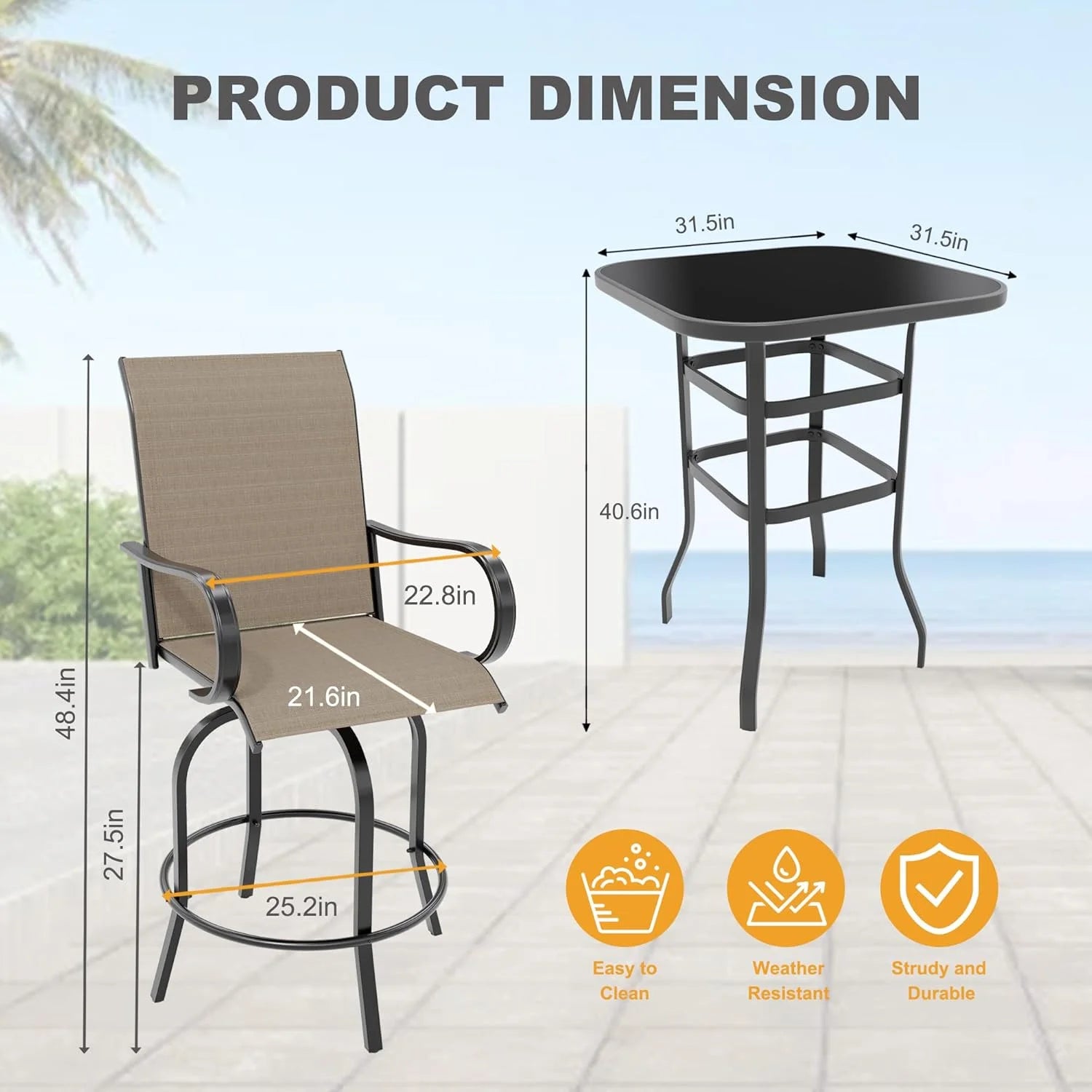 Garvee Outdoor Bar Table with Tempered Glass, Square High-Top Patio Bistro Table, Metal Frame Bar Height Table for Backyard, Poolside, Garden & Balcony