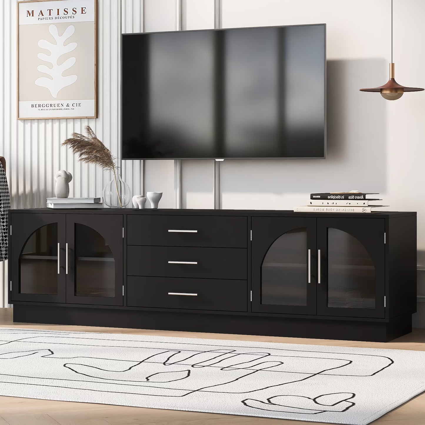 Euroco Modern TV Stand with Arched Glass Doors, Drawers & Adjustable Shelves for TVs up to 75 Inches