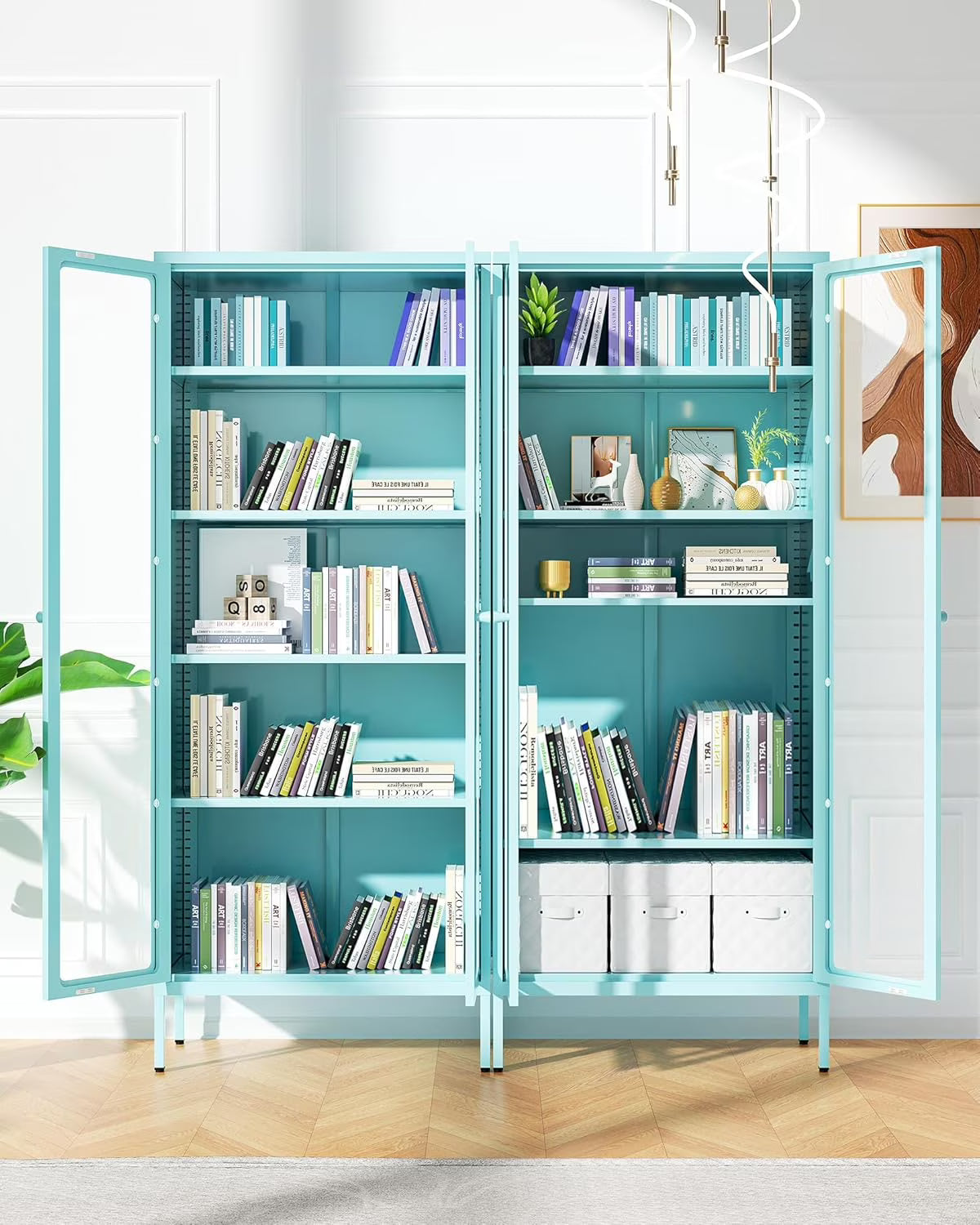 SUNCROWN Metal Storage Cabinet, Curio Display Cabinet with 2 Glass Display Door and 4 Shelves, Side Storage Organize, Modern Bookshelf Cabinet for livingroom, Bedroom, Kitchen, Black