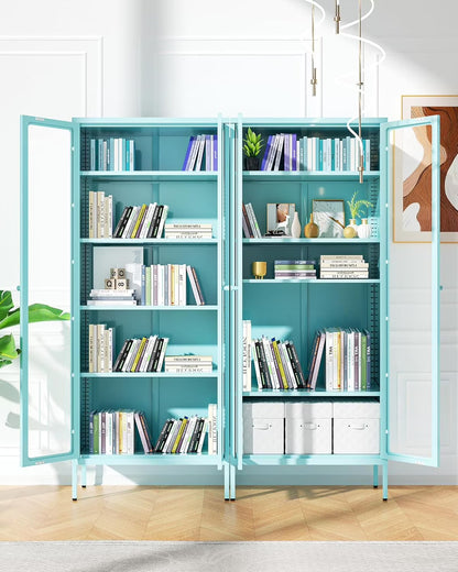 SUNCROWN Metal Storage Cabinet, Curio Display Cabinet with 2 Glass Display Door and 4 Shelves, Side Storage Organize, Modern Bookshelf Cabinet for livingroom, Bedroom, Kitchen, Black