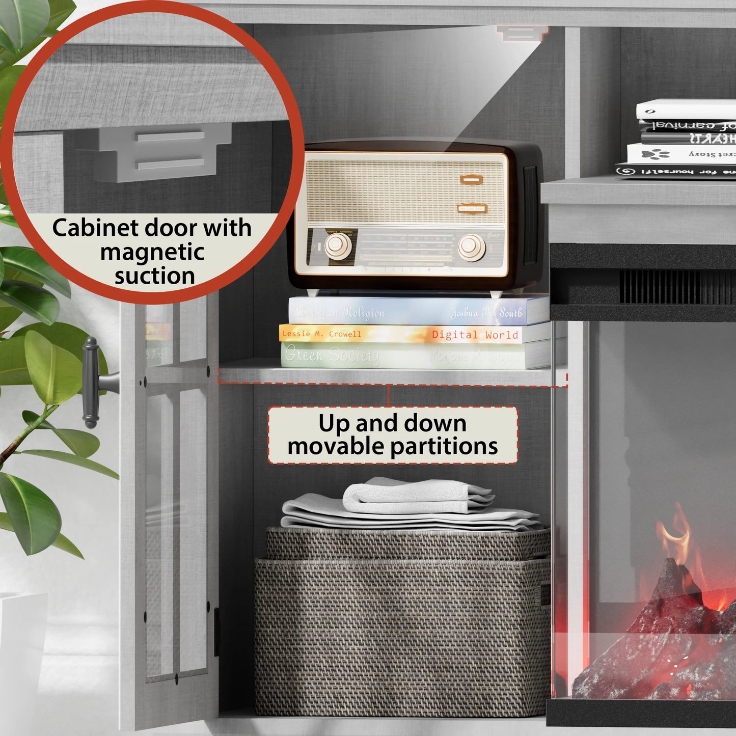 Homall Fireplace TV Stand for TVs up to 65" 3-Sided Glass Modern Media Entertainment Center with Cabniet Storage Adjustable Flame Color Fireplace,Gray