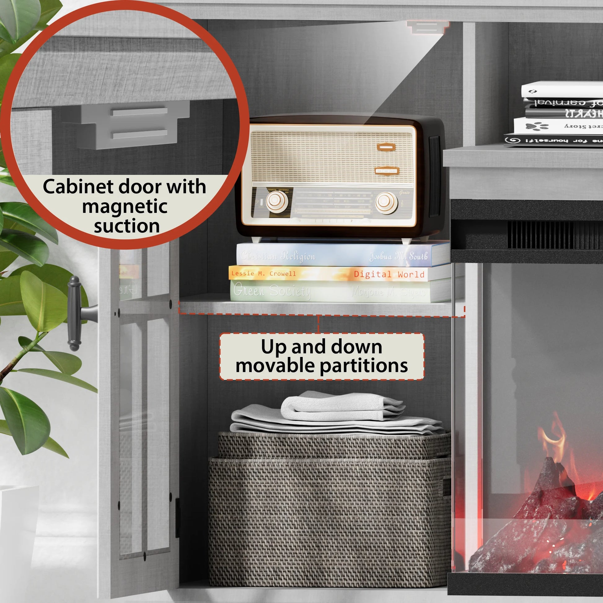 Homall Fireplace TV Stand for TVs up to 65" 3-Sided Glass Modern Media Entertainment Center with Cabniet Storage Adjustable Flame Color Fireplace,Gray