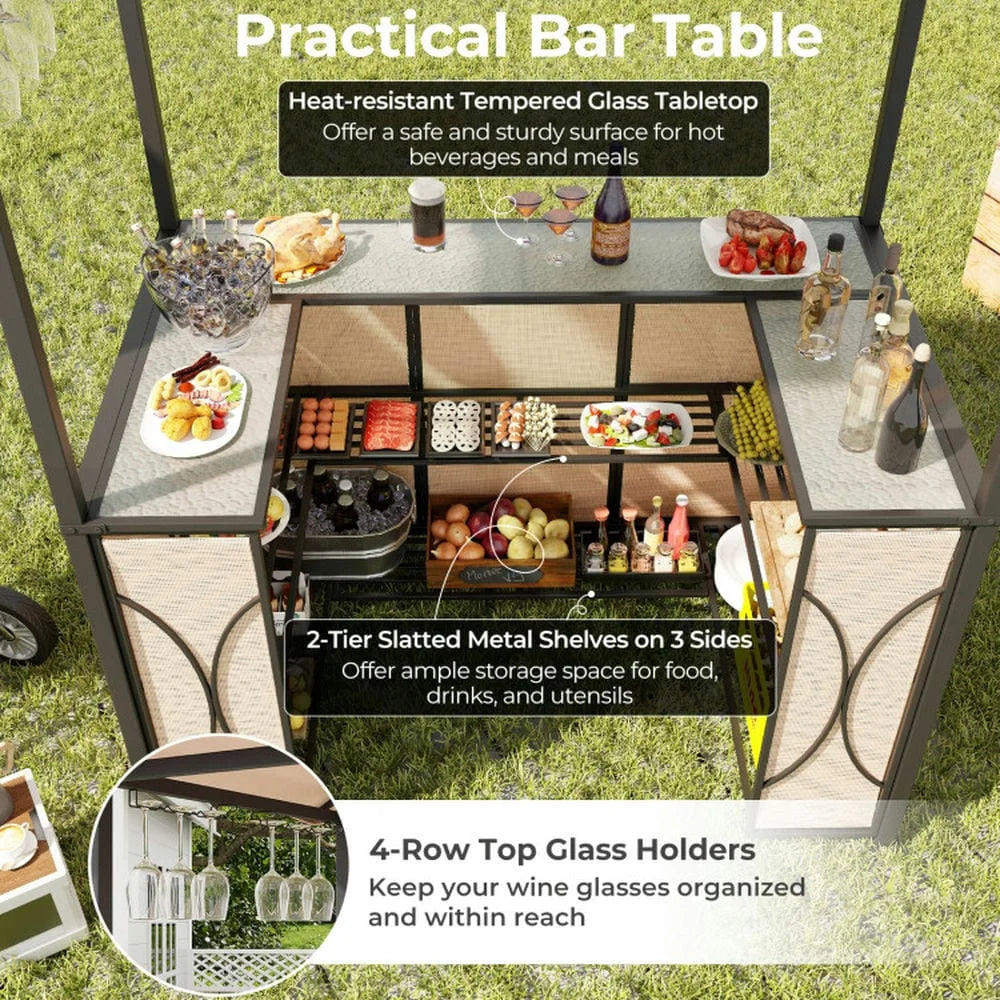Aimee Lii 3-Piece Patio Bar Set Grill Patio Canopy & 2 Bar Stools with Tempered Glass Bar Table, Modern Patio Furniture for Outdoor Backyard Pool Deck-Brown