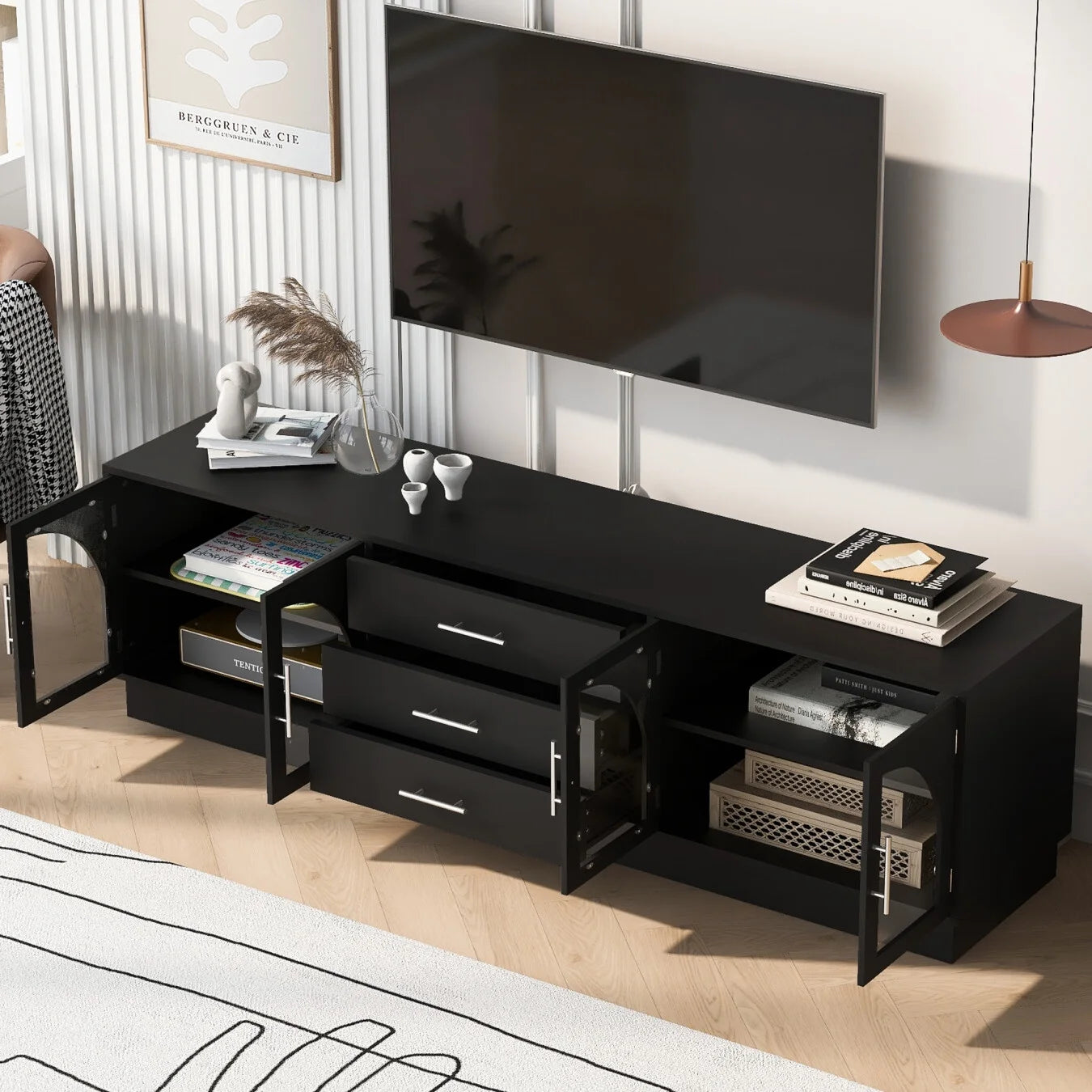 TV Stand for 75 Inch TV, Entertainment Center with Storage Cabinets and 3 Drawers, Media Console Cabinet with Adjustable Shelves and Glass Doors for Living Room, Black