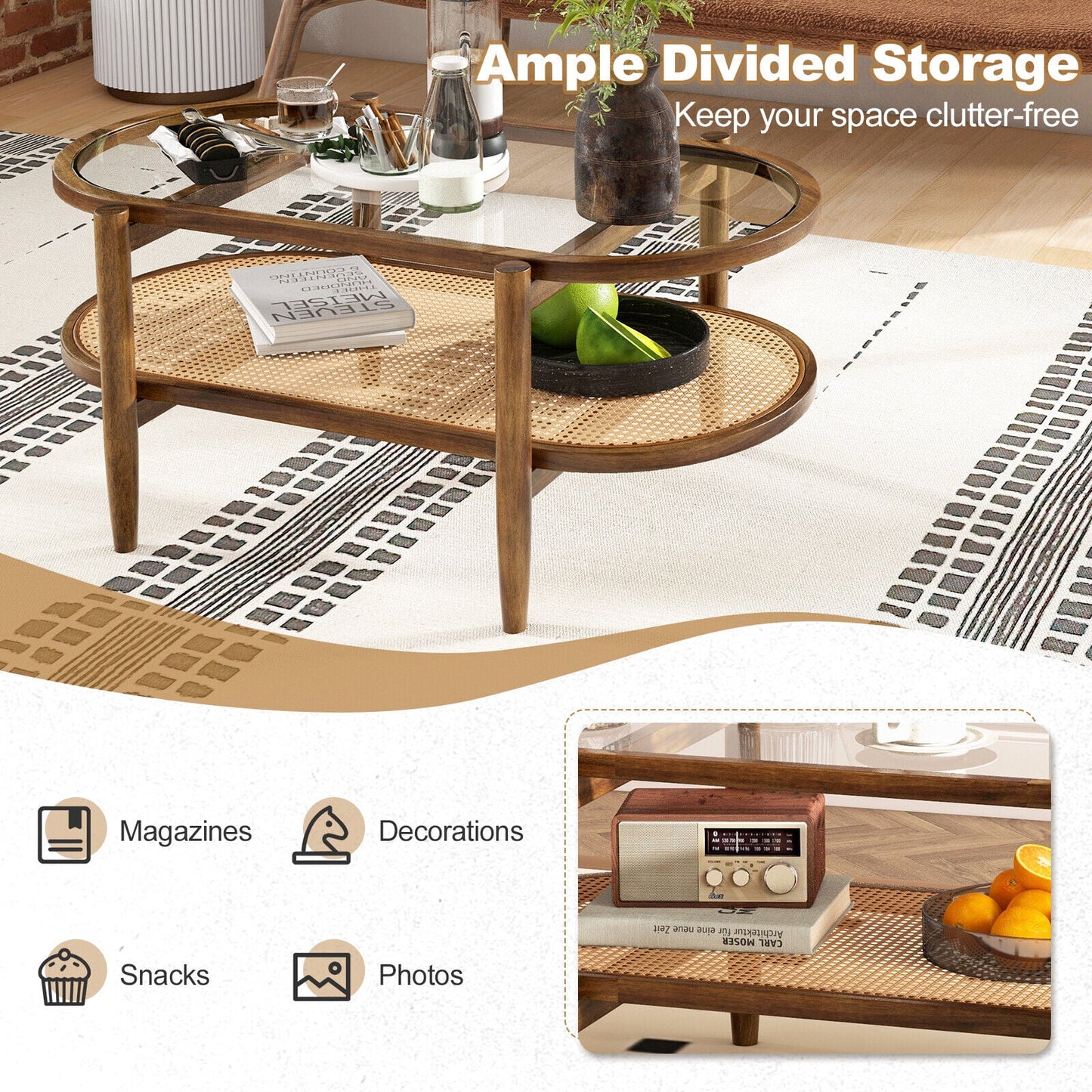 Amijoy 2-layer coffee table, tempered glass top grade coffee table, with PE rattan storage rack and acacia wood frame, center table in living room, reception room, and office, brown